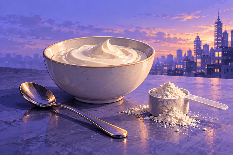 Illustration of a bowl of cream, a spoon and a powder scoop in lavender evening light.