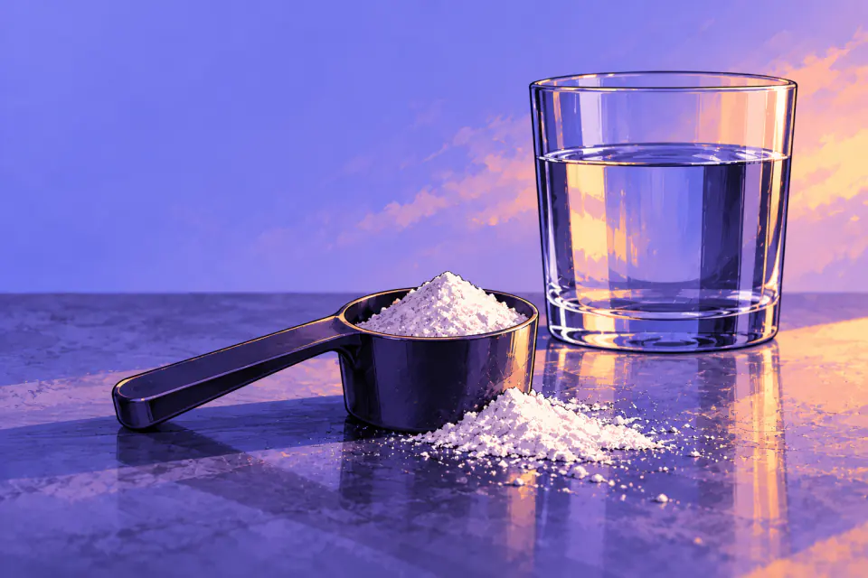Illustration of a scoop of white powder beside a glass of water in lavender evening light.