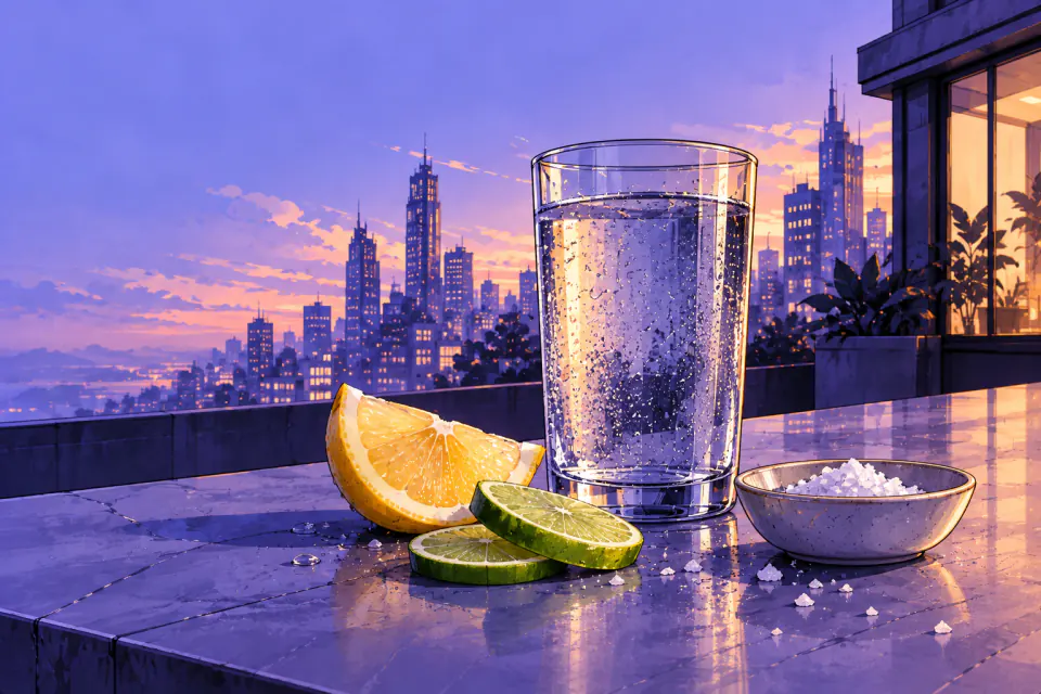 Illustration of a glass of water, citrus slices and a small dish of salt crystals.
