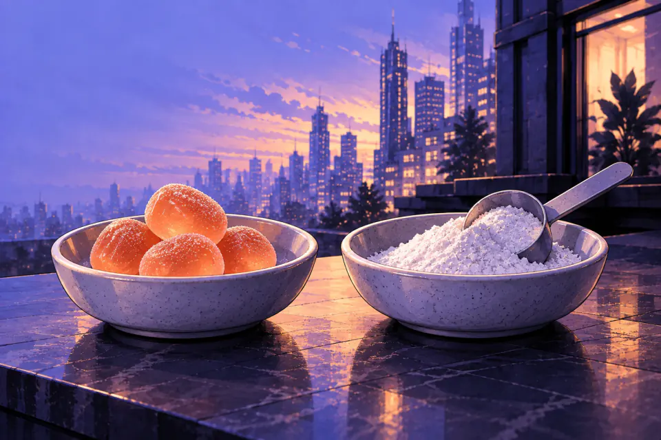 Illustration of two dishes, one with peach-colored gummies and one with white powder.