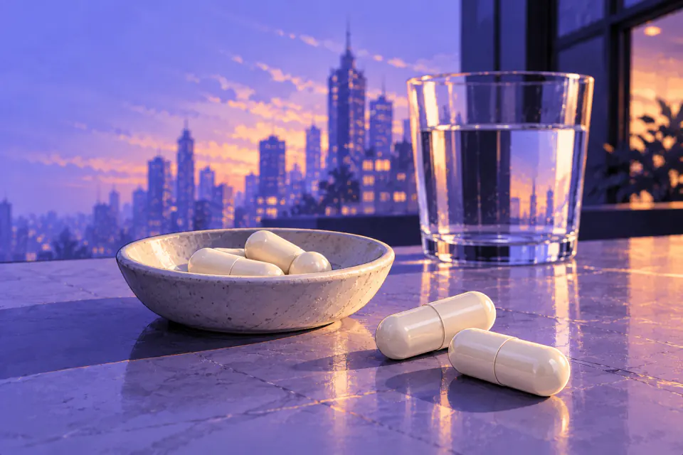 Illustration of unmarked ivory capsules beside a ceramic dish and a glass of water.