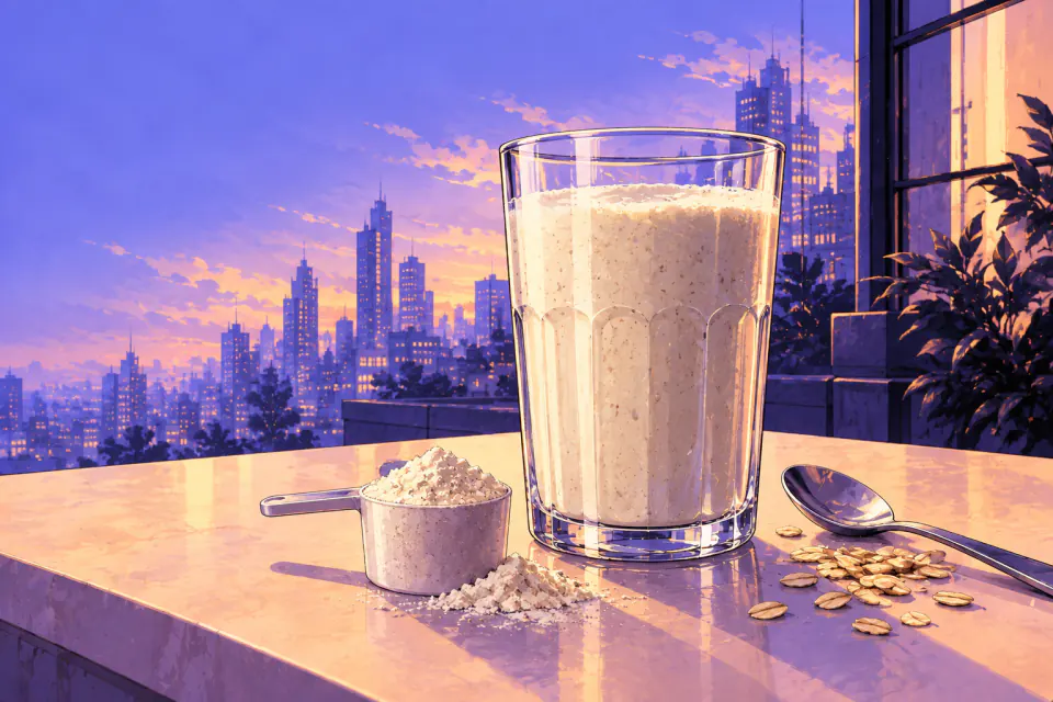 Illustration of a creamy smoothie, a powder scoop and oats on a peach-lit tabletop.